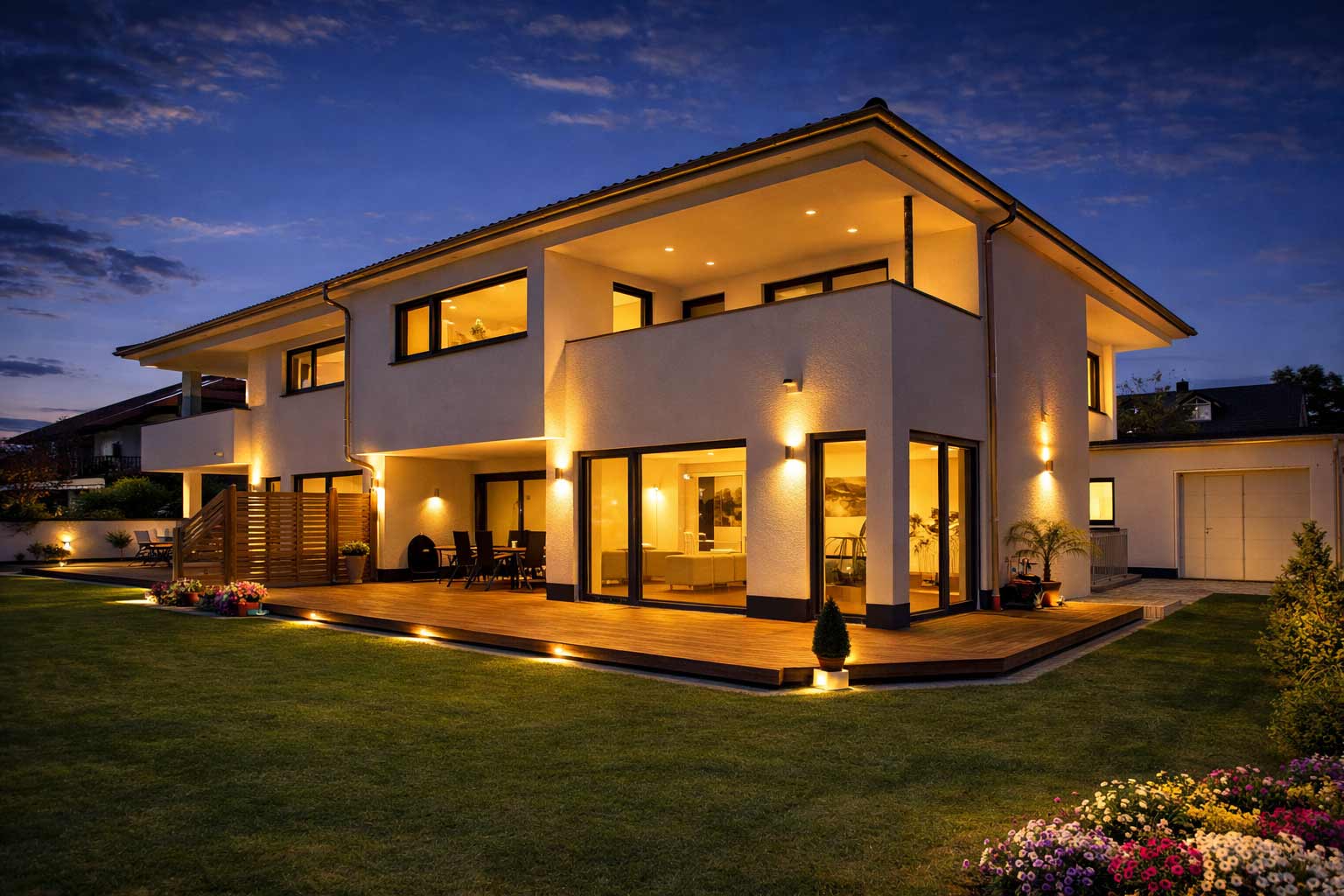 einfamilienhaus muenchen germering abendansicht mit beleuchtung