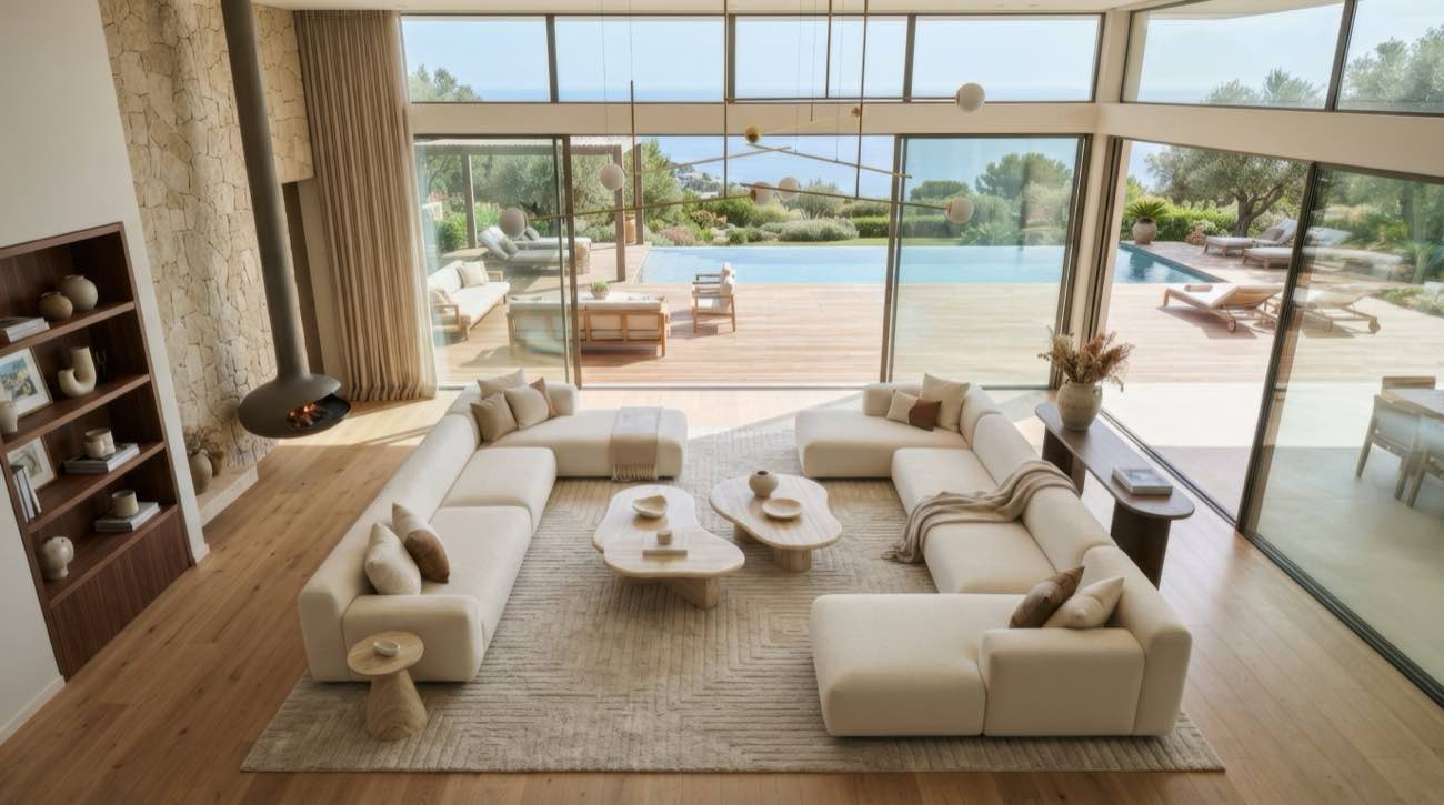 Helles Wohnzimmer mit Poolblick, digitales Home Staging für den Hausverkauf am Ammersee