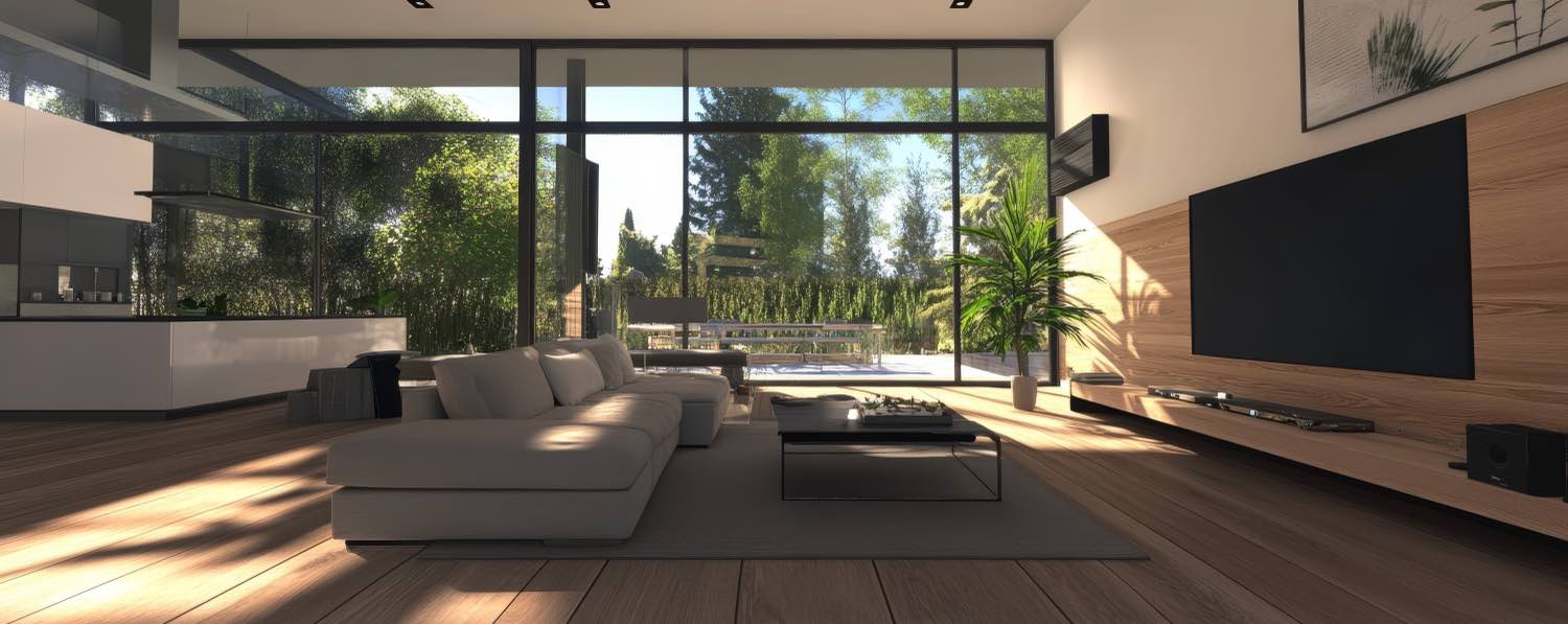 Modernes Wohnzimmer mit Gartenblick, digitales Home Staging für den Hausverkauf in Geltendorf
