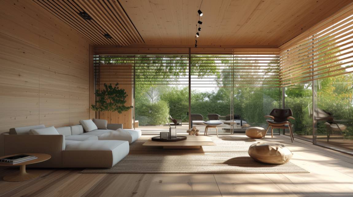 Helles Wohnzimmer mit Holzelementen und Gartenblick, digitales Home Staging für den Hausverkauf in Schondorf am Ammersee
