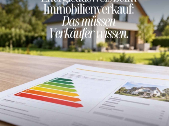 Energieausweis mit Effizienzklassen-Skala vor einem Haus – Energieausweis beim Immobilienverkauf