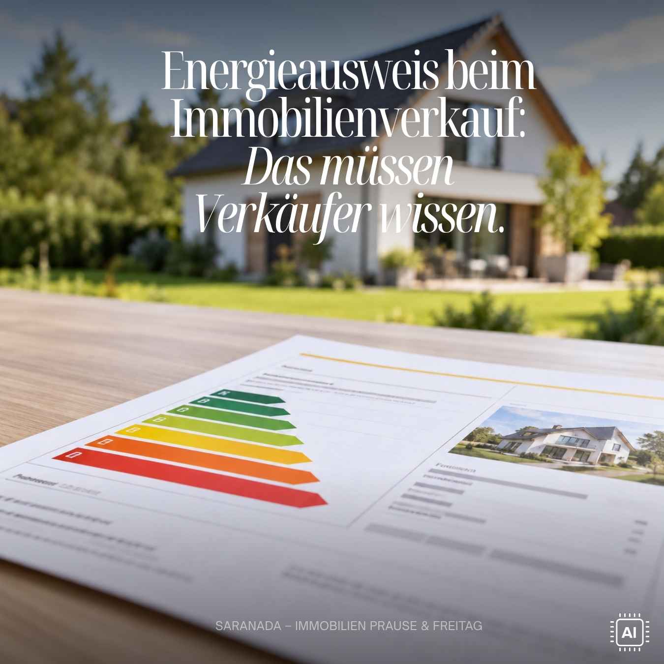 Energieausweis Immobilienverkaufmit Effizienzklassen-Skala vor einem Haus – Energieausweis beim Immobilienverkauf