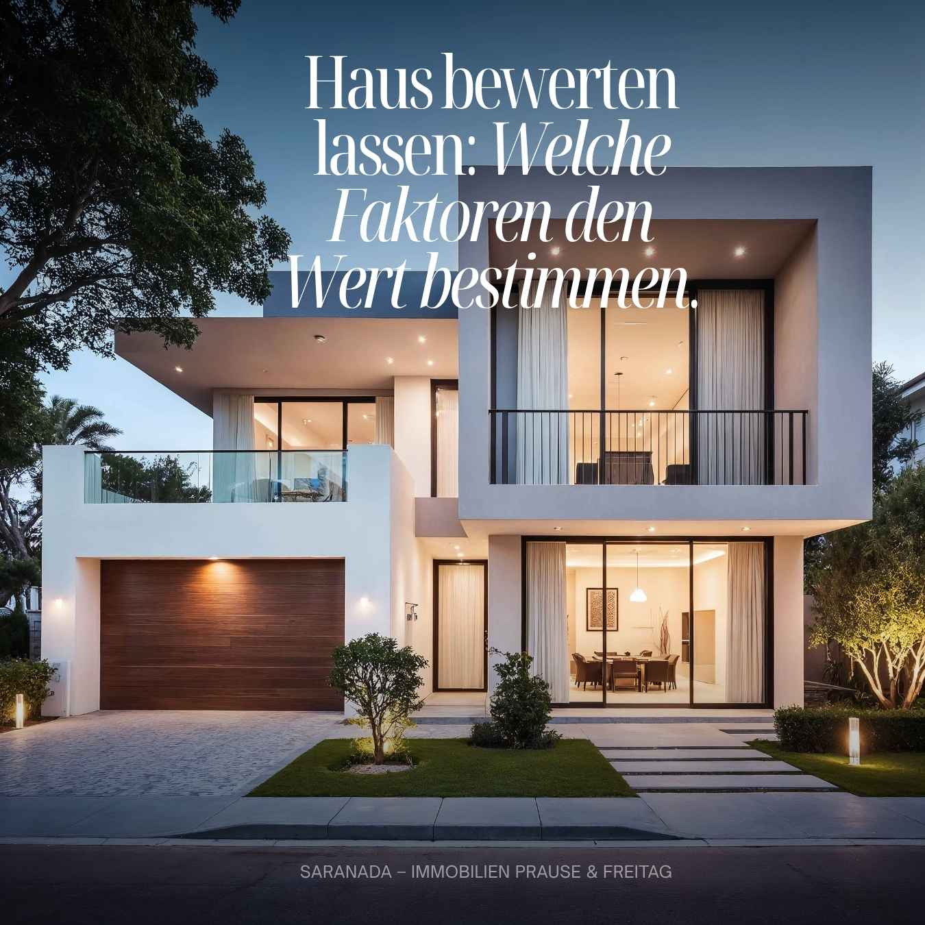 Modernes Einfamilienhaus am Abend – Haus bewerten lassen: Welche Faktoren den Wert bestimmen