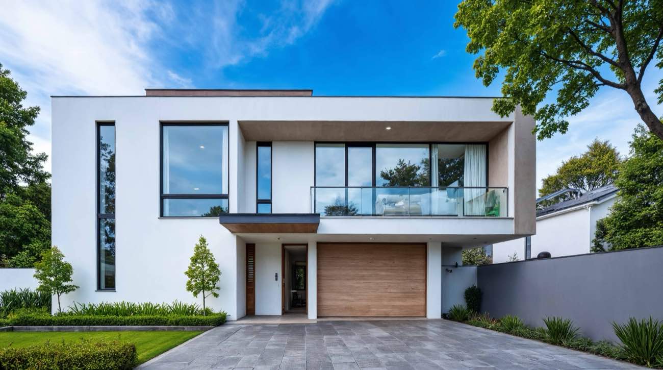 Immobilie verkaufen in Landsberg am Lech: modernes Einfamilienhaus mit weißer Fassade und Holzgarage, vermarktet von SARANADA