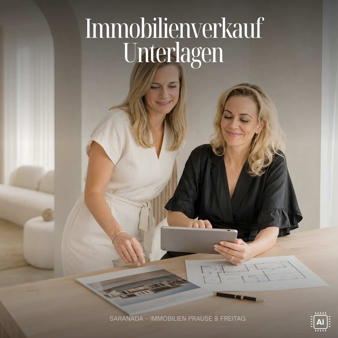 Zwei Immobilienmaklerinnen besprechen Grundriss und Unterlagen – Unterlagen für den Immobilienverkauf