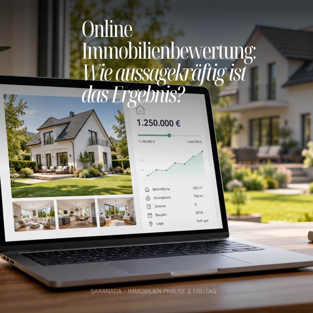 Online Immobilienbewertung : Laptop mit Beispiel-Wertermittlung, kein echtes Kundenobjekt